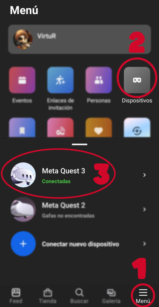 meta quest app menu dispositivos